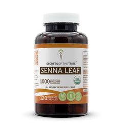 Secrets of the Tribe Senna Leaf Capsules bottle front, organic vegetarian capsules for daily wellness.
