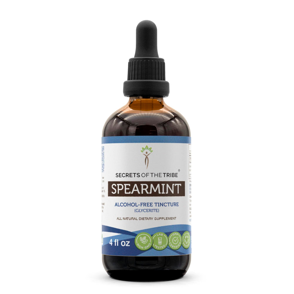 Secrets of the Tribe Spearmint bottle pour shows alcohol-free tincture for daily use