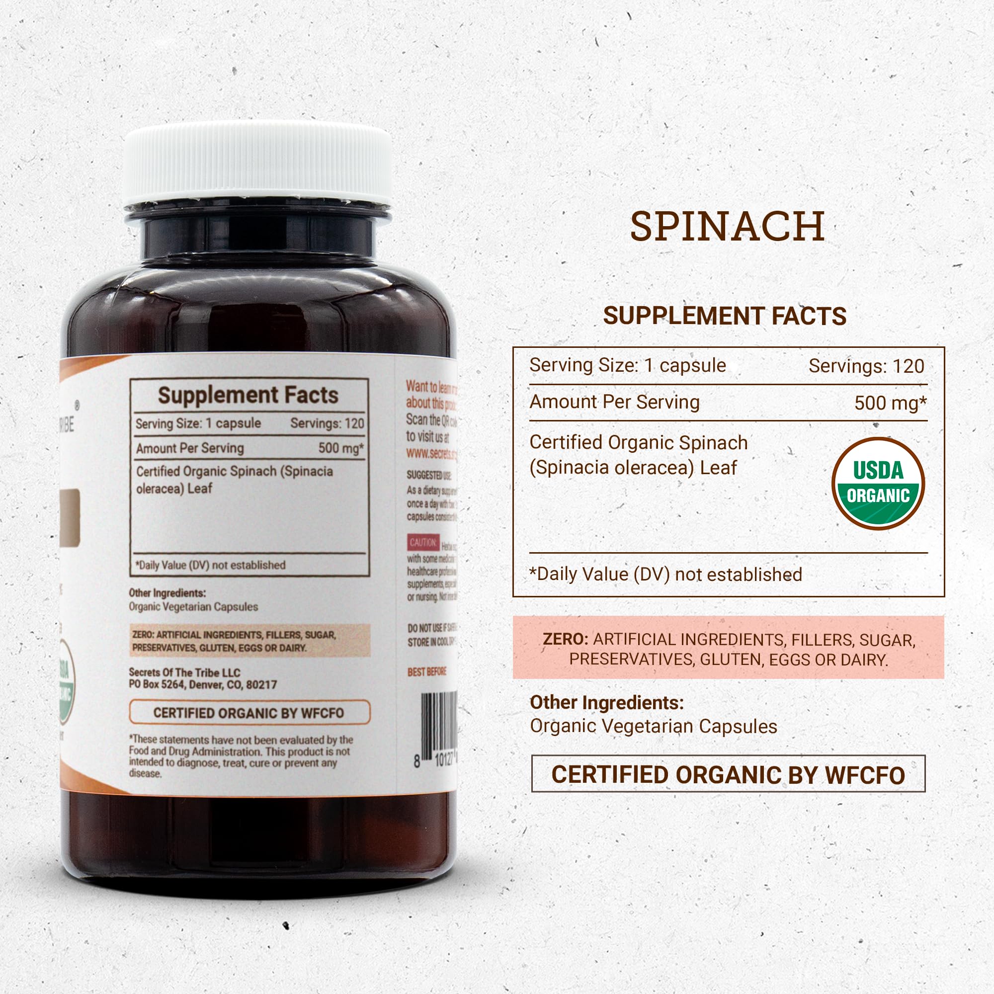 Secrets of the Tribe Spinach lab-tested seal indicating purity and safety.