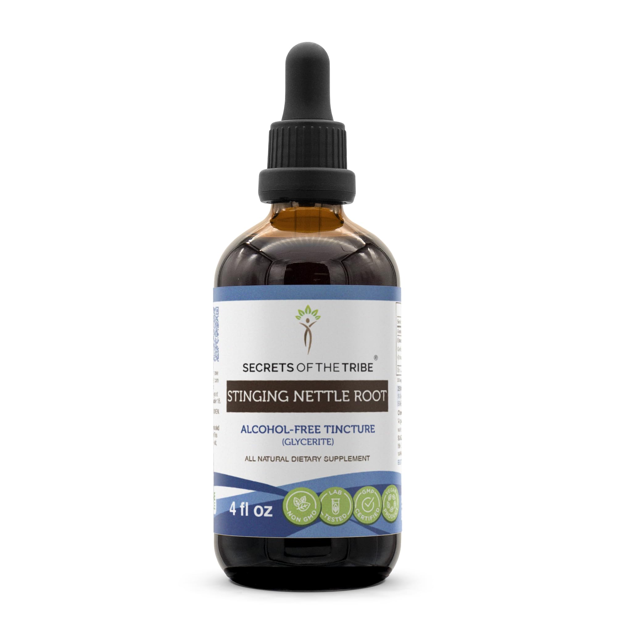 Secrets of the Tribe stinging nettle bottle pour showing easy daily dosage.