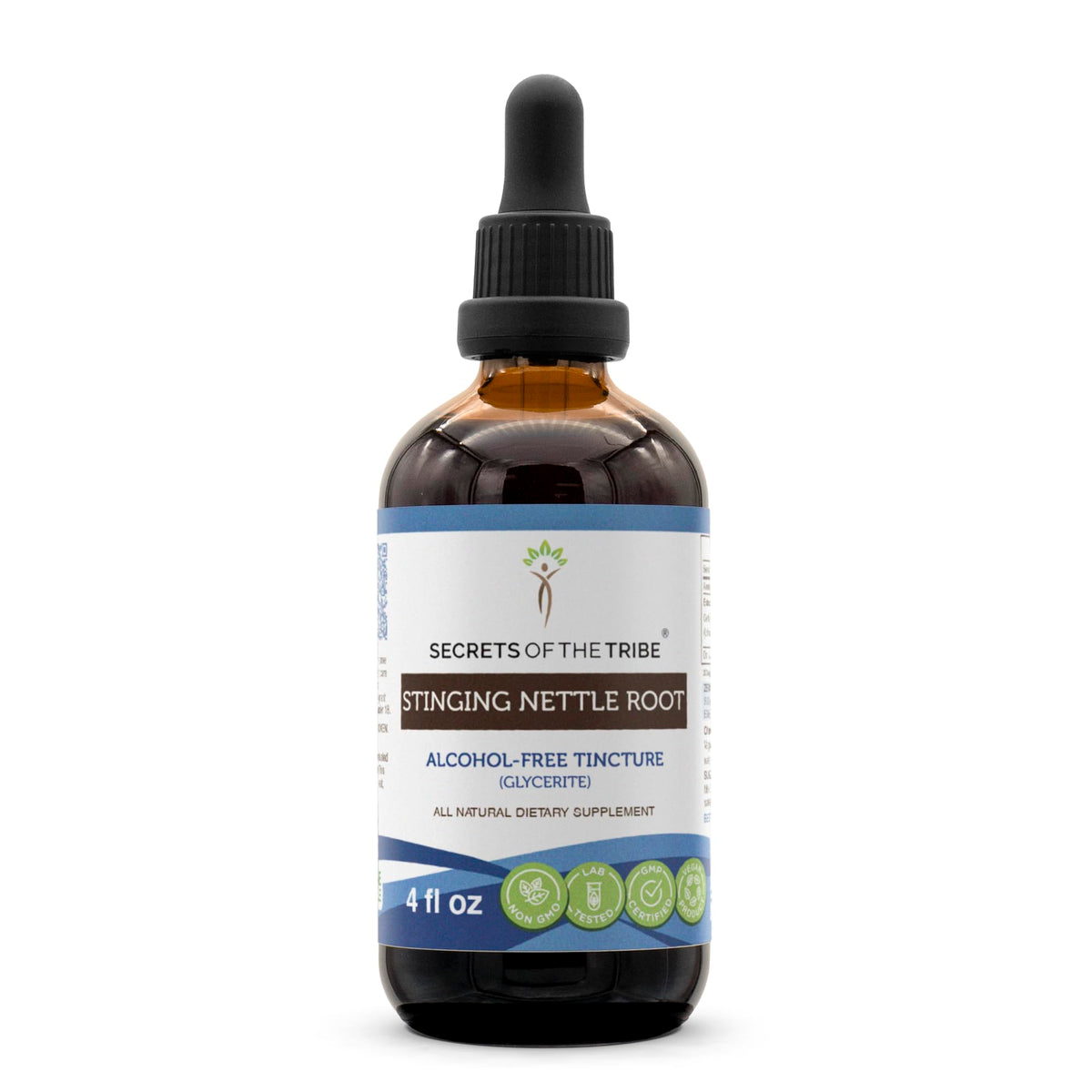 Secrets of the Tribe stinging nettle bottle pour showing easy daily dosage.