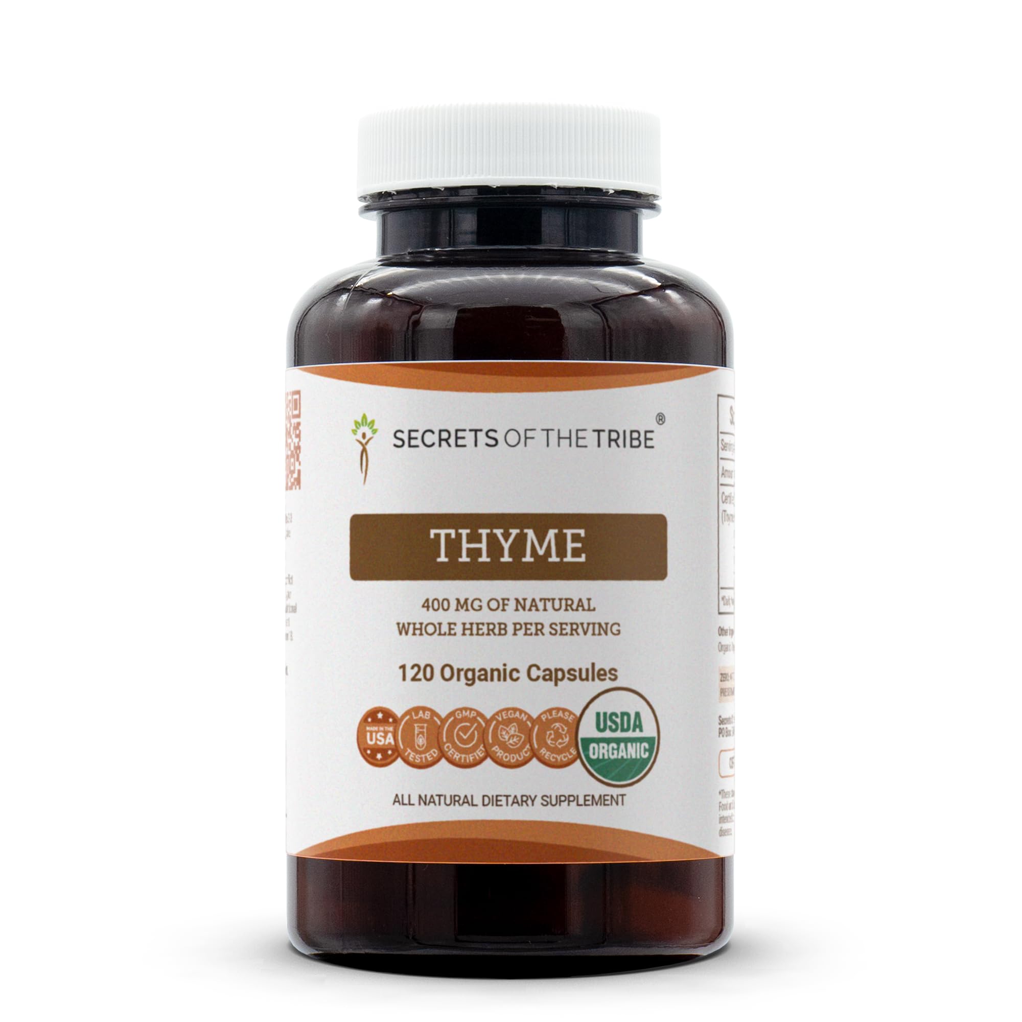 Secrets of the Tribe thyme capsules bottle — vegan, organic daily supplement.