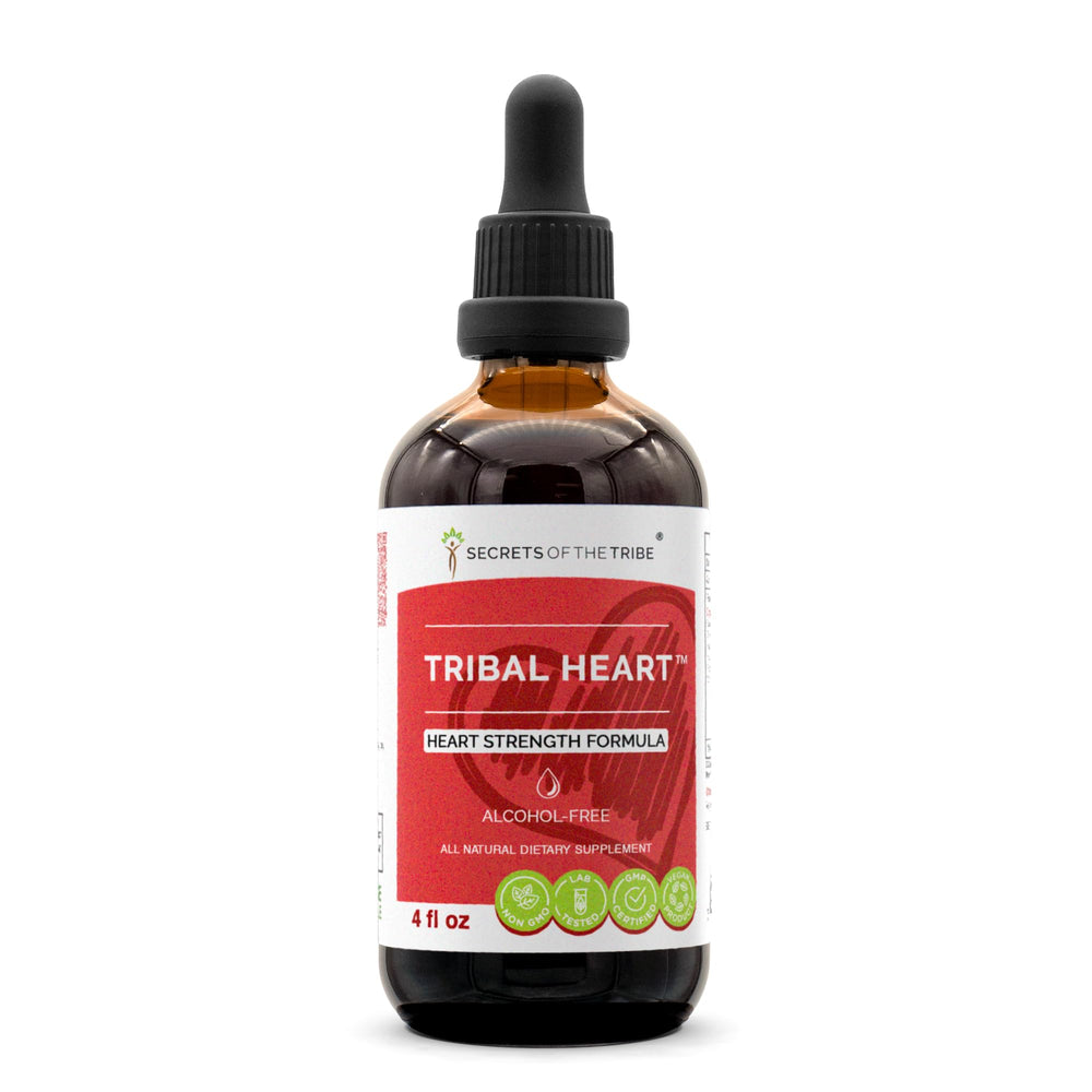 Secrets of the Tribe Tribal Heart bottle front, alcohol-free herbal extract for daily vitality.