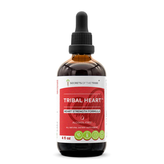 Secrets of the Tribe Tribal Heart bottle front, alcohol-free herbal extract for daily vitality.