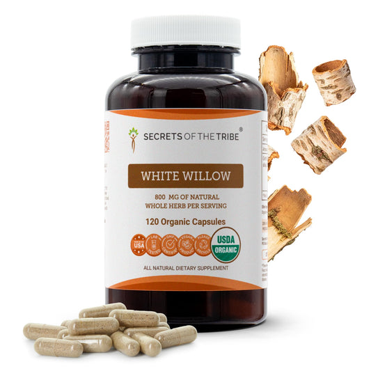 Secrets of the Tribe White Willow Capsules bottle for daily wellness routine.