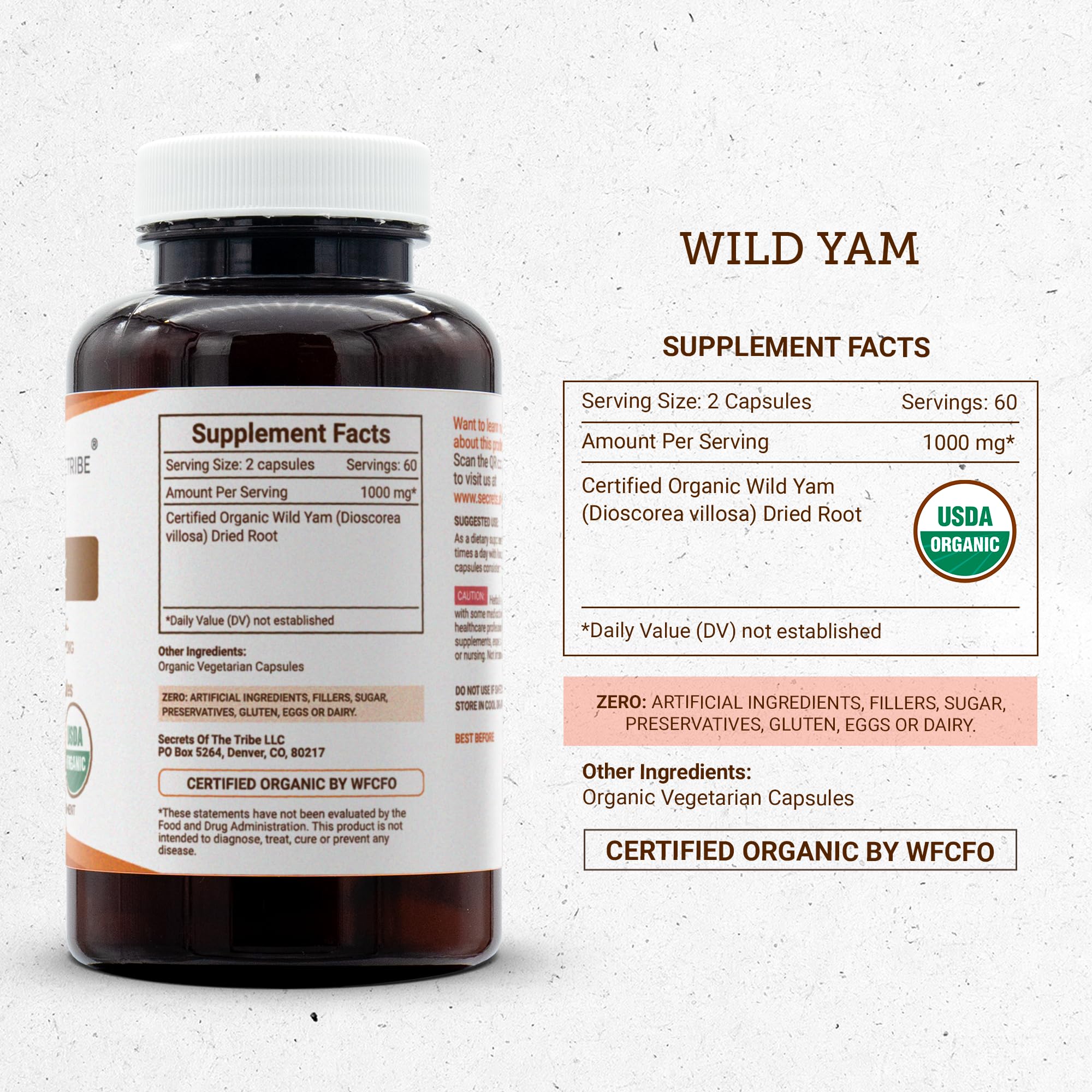Secrets of the Tribe Wild Yam Capsules packaging highlights clean, vegan formula.