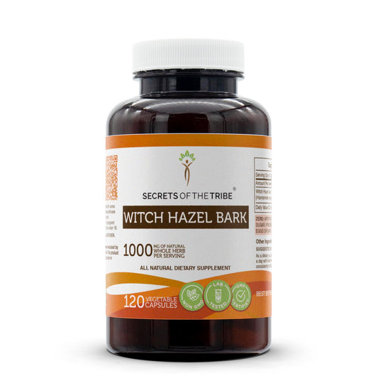 Secrets of the Tribe Witch Hazel Bark bottle with 120 vegan capsules for daily wellness