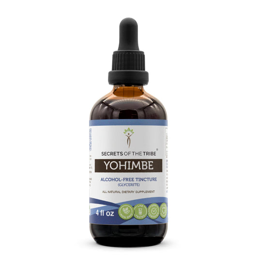 Secrets of the Tribe Yohimbe liquid extract bottle for focused herbal support.
