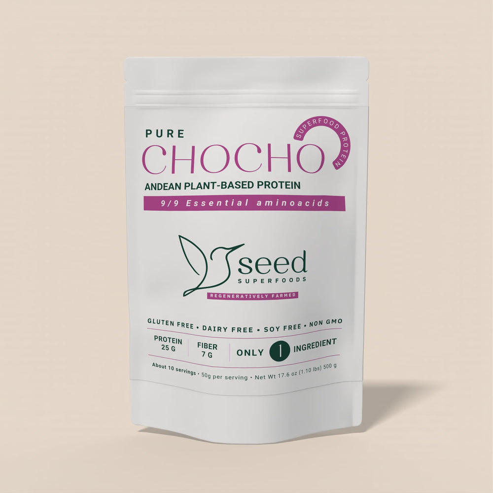 SEED Chocho protein powder tub front, plant-based protein source for daily meals, gluten-free.
