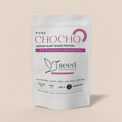 SEED Chocho protein powder tub front, plant-based protein source for daily meals, gluten-free.