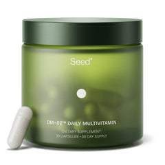 Seed DM-02 bottle front displaying daily multivitamin for balanced nutrition.