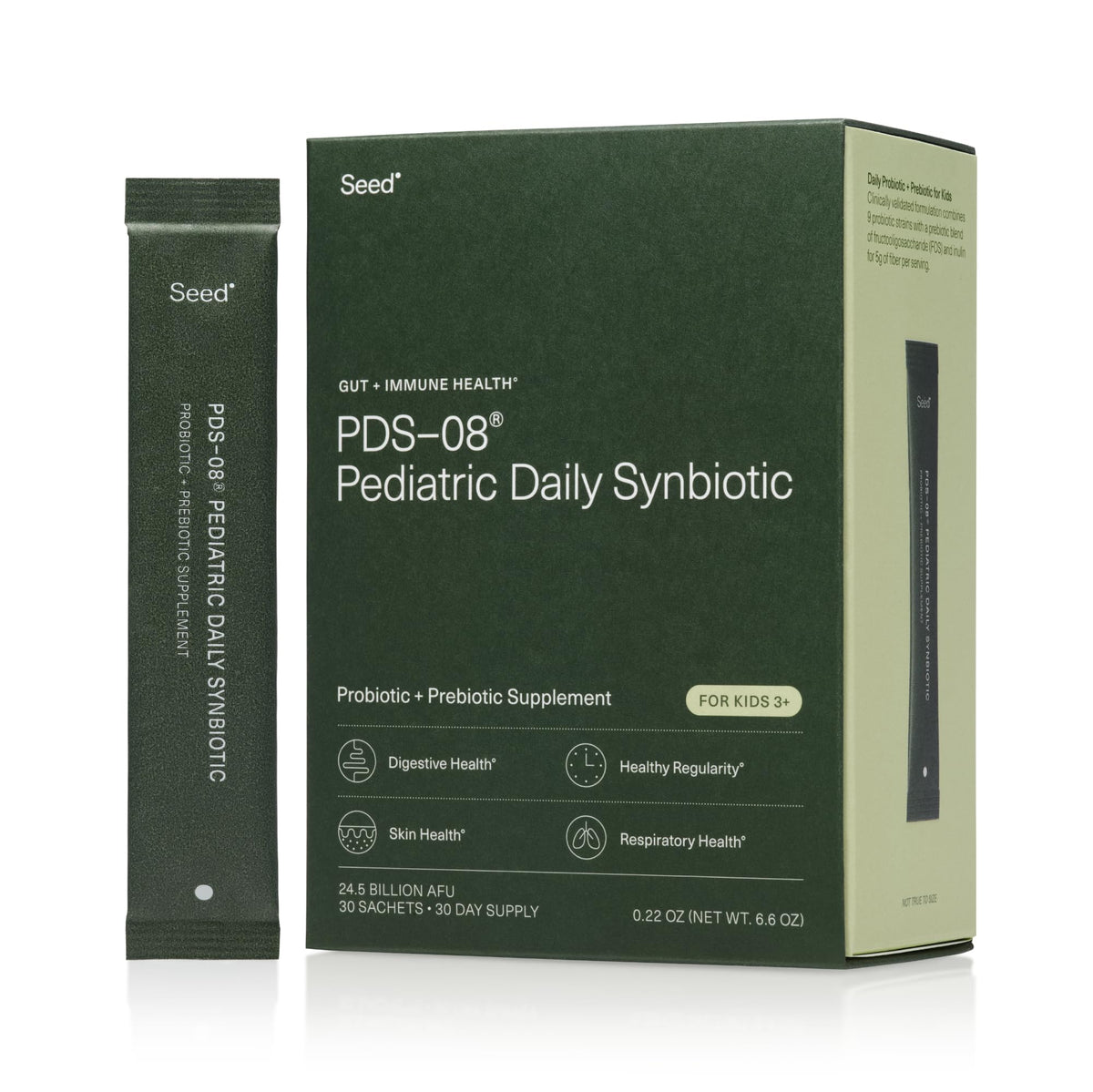 Seed PDS-08 pediatric synbiotic sachet for kids, convenient daily serving.