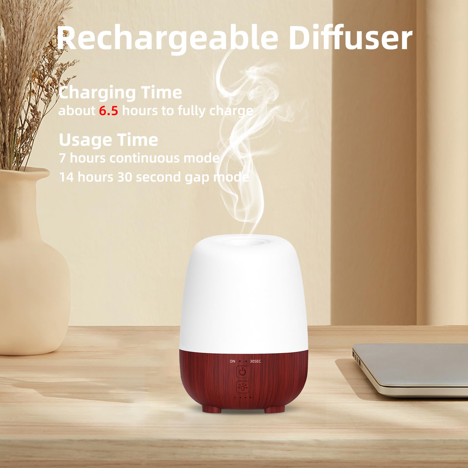 SEEDSEEL cordless diffuser with rechargeable battery enables wireless placement anywhere.