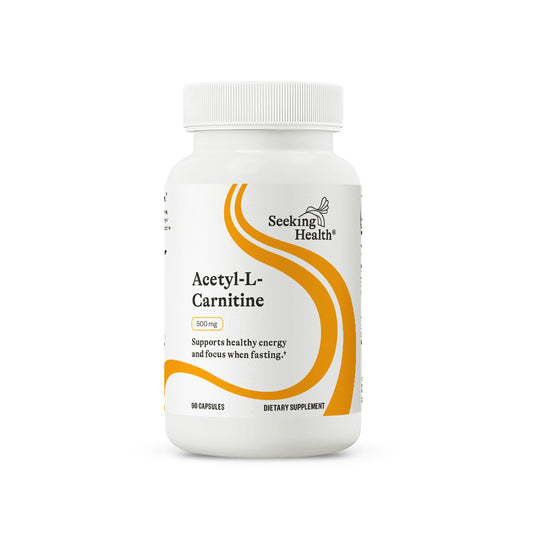 Seeking Health Acetyl-L-Carnitine bottle front displaying 90 capsules for energy support.