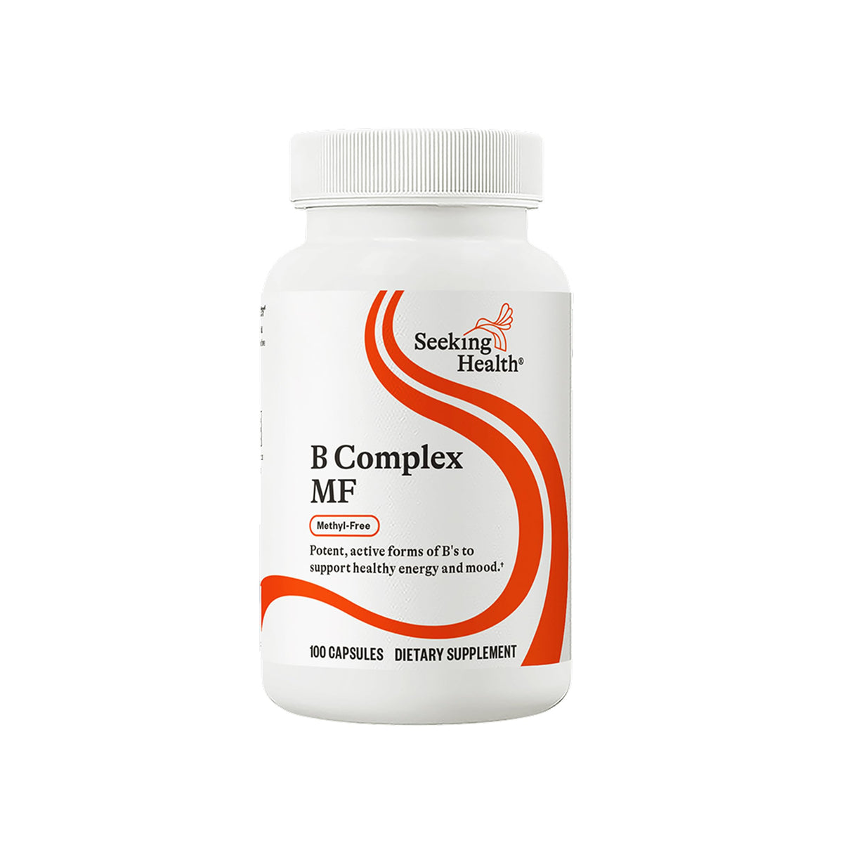 Seeking Health B Complex MF bottle on kitchen counter highlighting daily energy support.