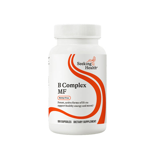 Seeking Health B Complex MF bottle on kitchen counter highlighting daily energy support.