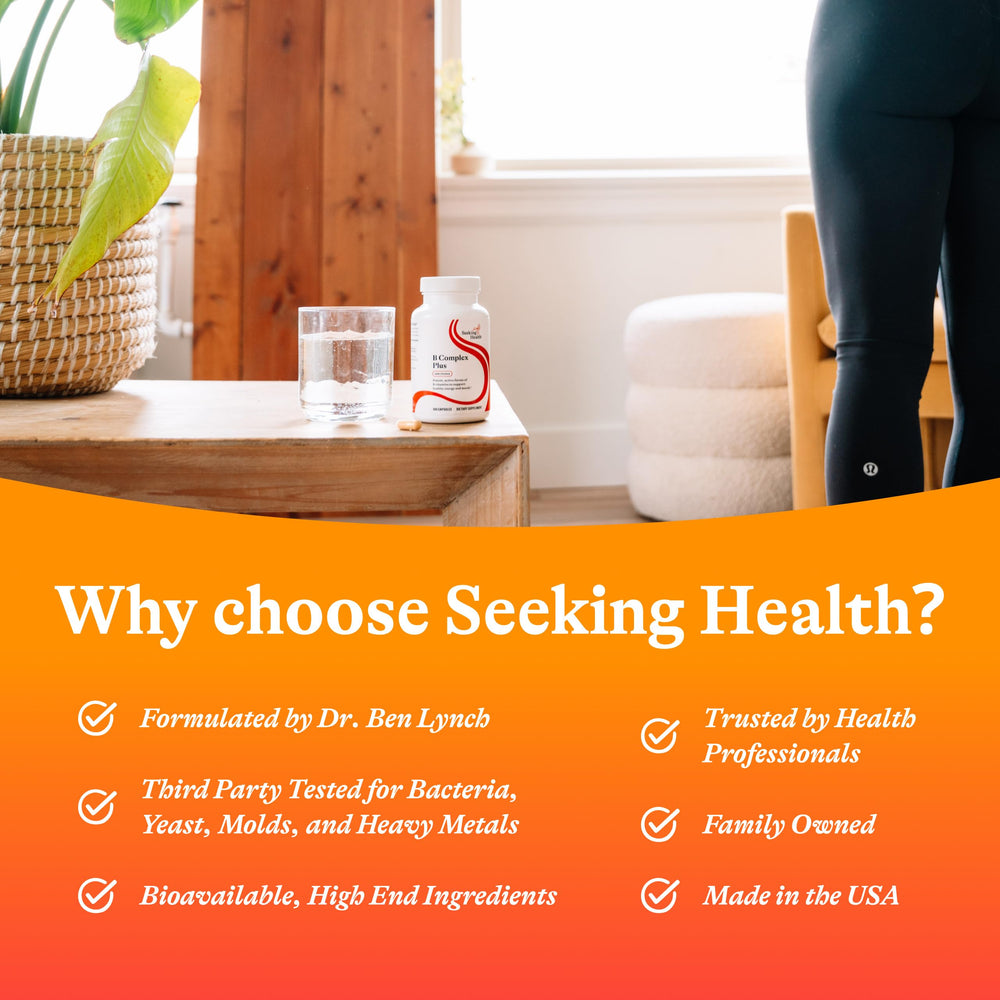 Seeking Health B Complex Plus bottle displayed on shelf for convenient storage.