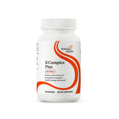 Seeking Health B Complex Plus bottle pouring capsules for daily energy support.