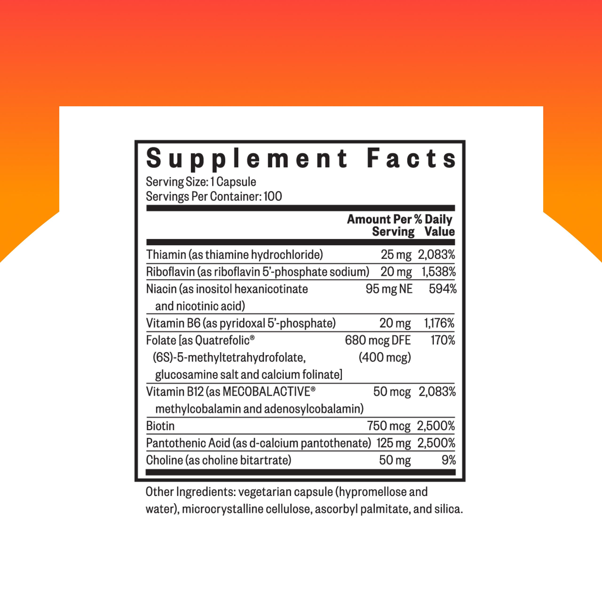 Seeking Health B Complex Plus capsules close-up ready to take for energy.