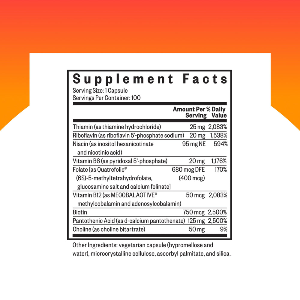 Seeking Health B Complex Plus capsules close-up ready to take for energy.