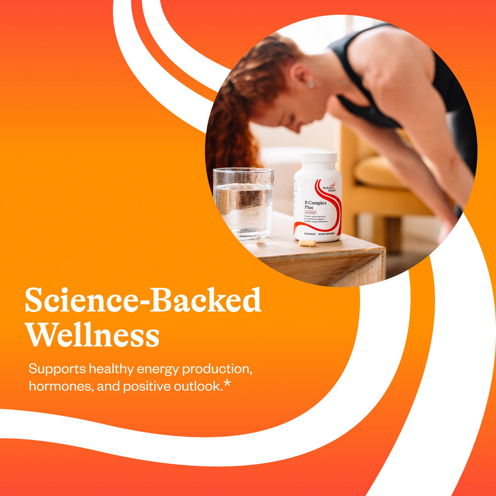 Seeking Health B Complex Plus capsules in hand for on-the-go use.