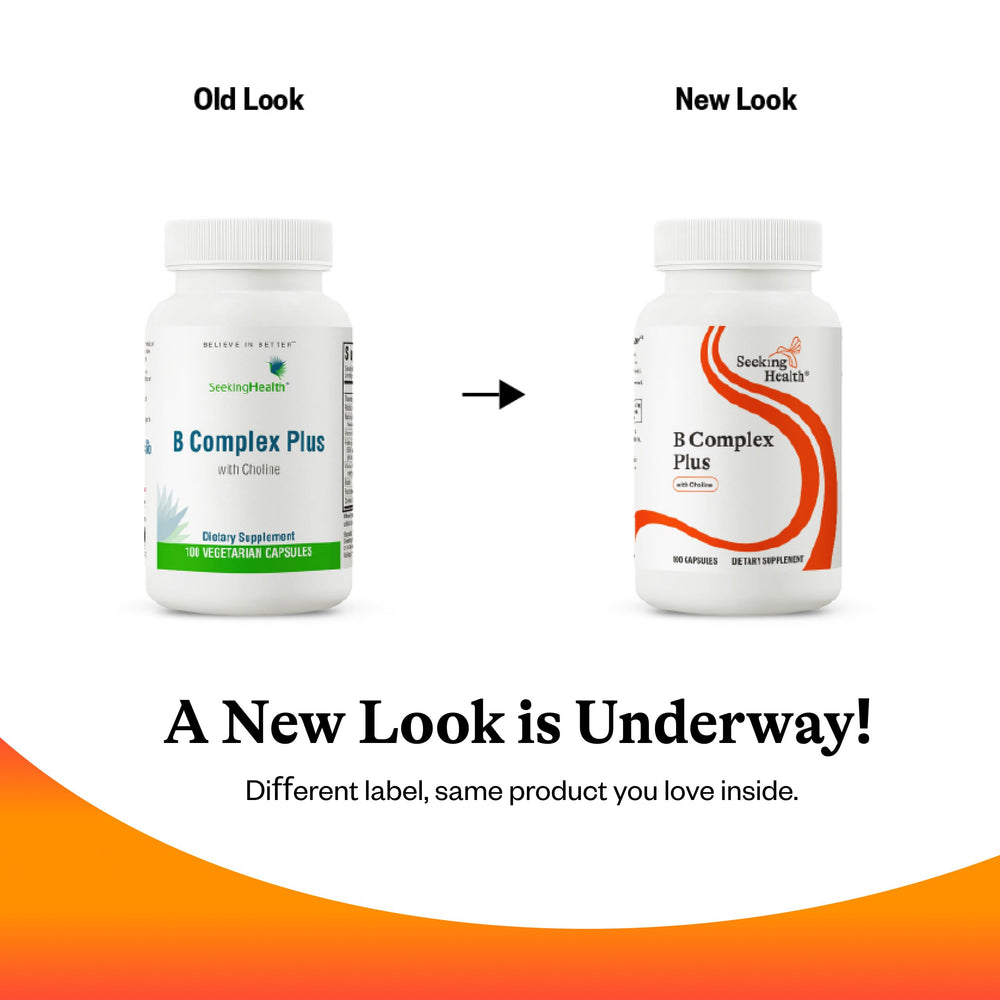 Seeking Health B Complex Plus nutrition label detailing B vitamins.