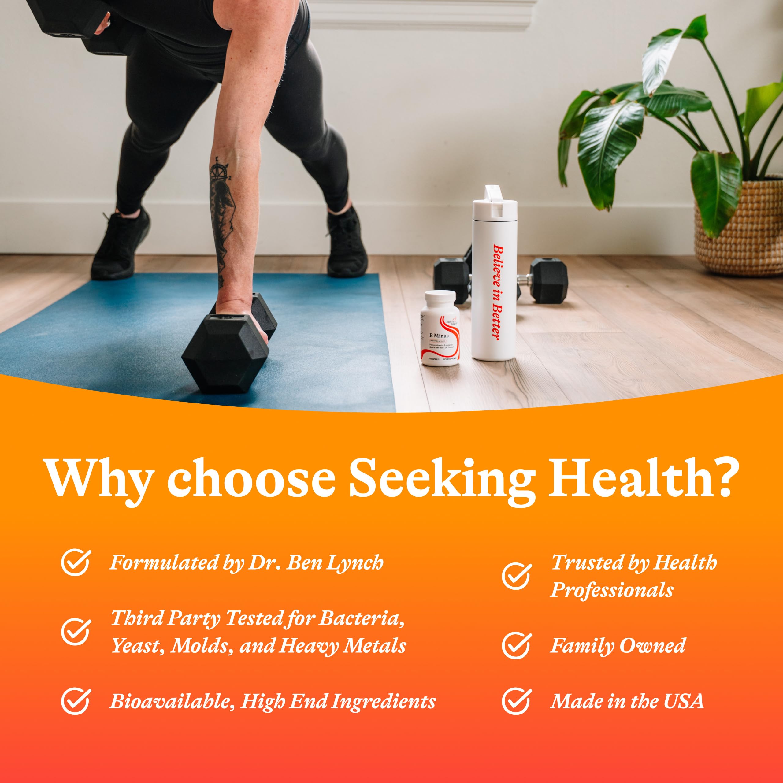 Seeking Health B-Minus ingredients panel reveals vitamin B complex blend.