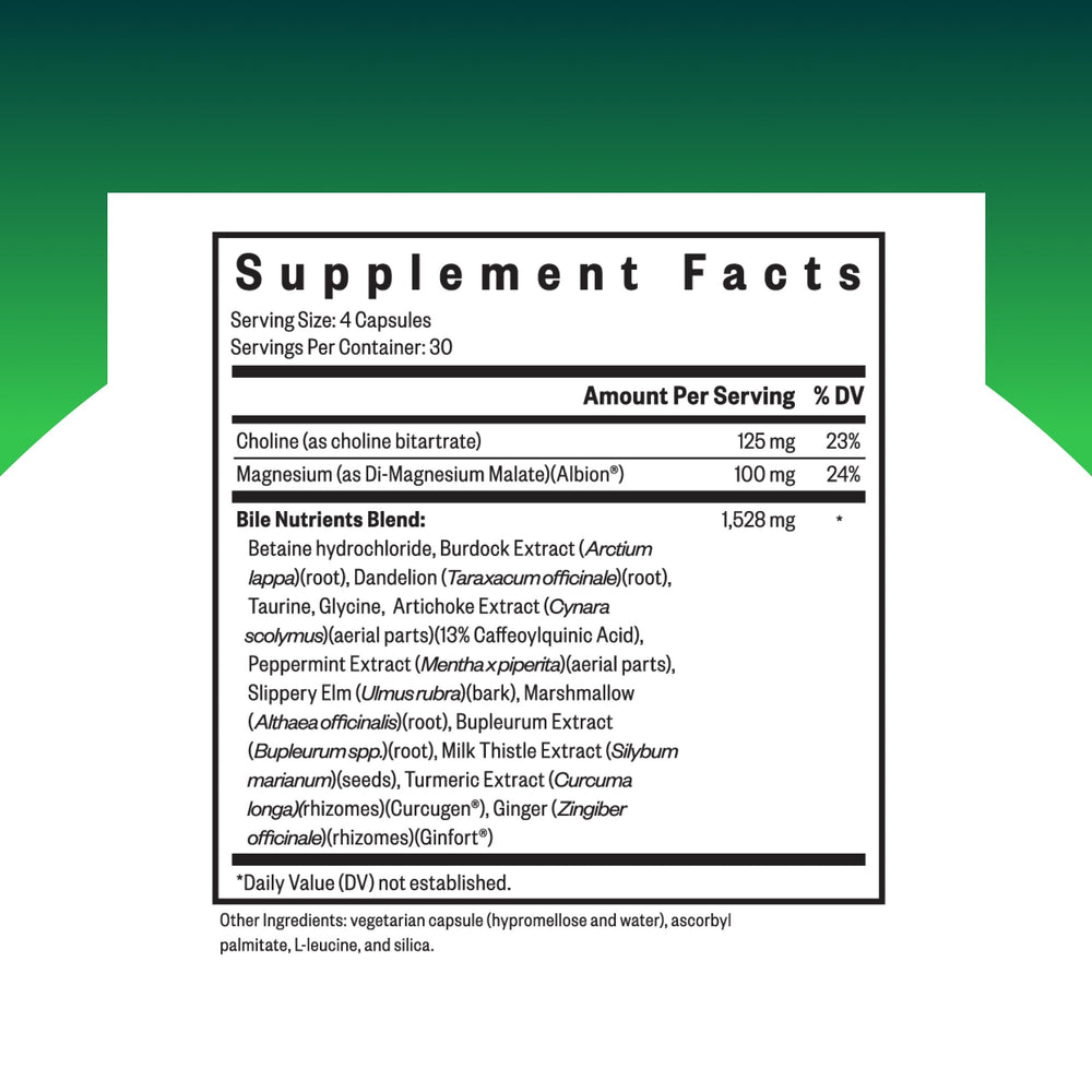 Seeking Health Bile Nutrients bottle label detailing artichoke extract and liver support potential.