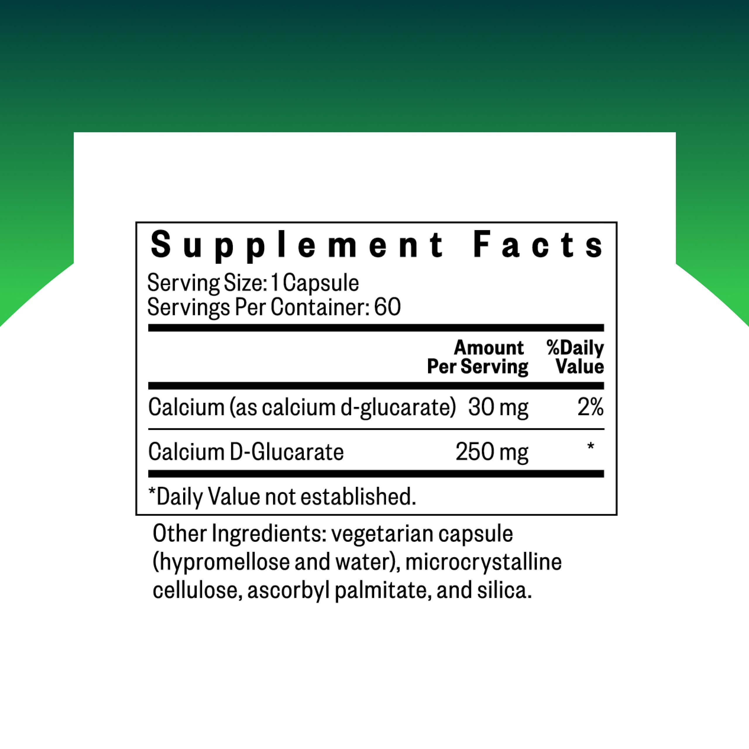 Seeking Health Calcium D-Glucarate bottle label highlights ingredients and allergen-friendly formula