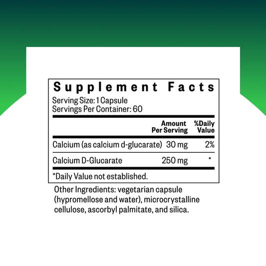 Seeking Health Calcium D-Glucarate bottle label highlights ingredients and allergen-friendly formula