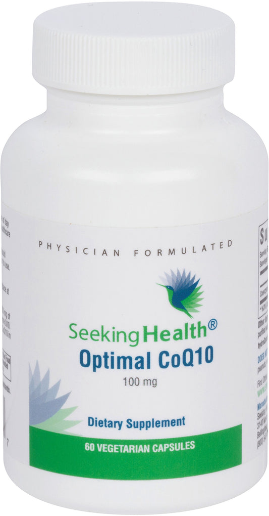 Seeking Health CoQ10 bottle and capsules support heart health and energy.