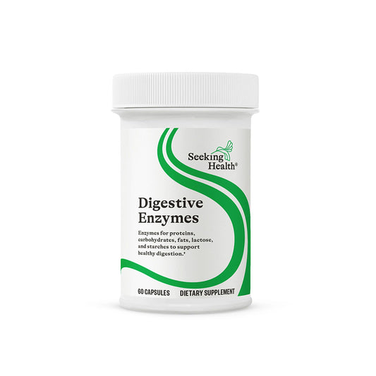 Seeking Health Digestive Enzymes bottle with vegetarian capsules for digestion support.