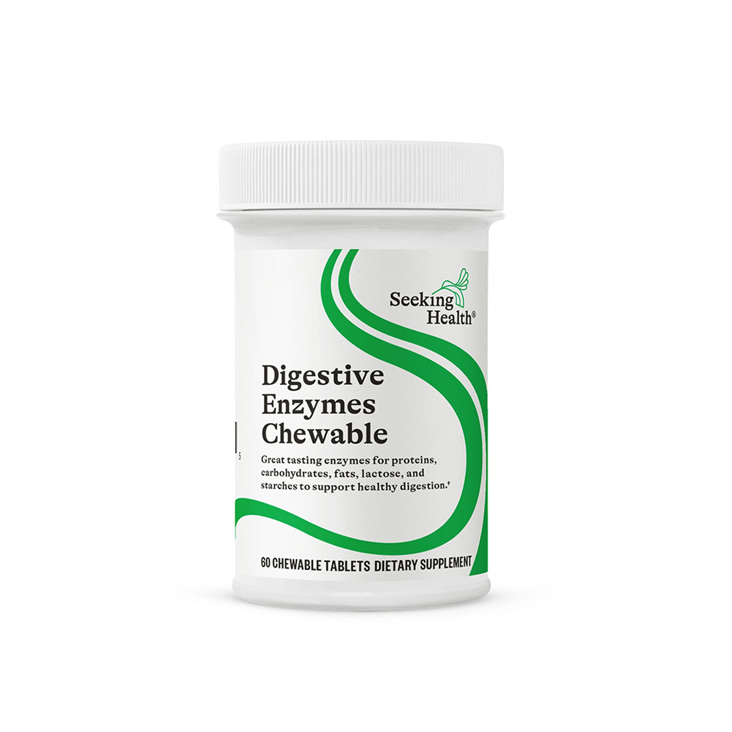 Seeking Health Digestive Enzymes chewable bottle close-up shows vegan digestion support.
