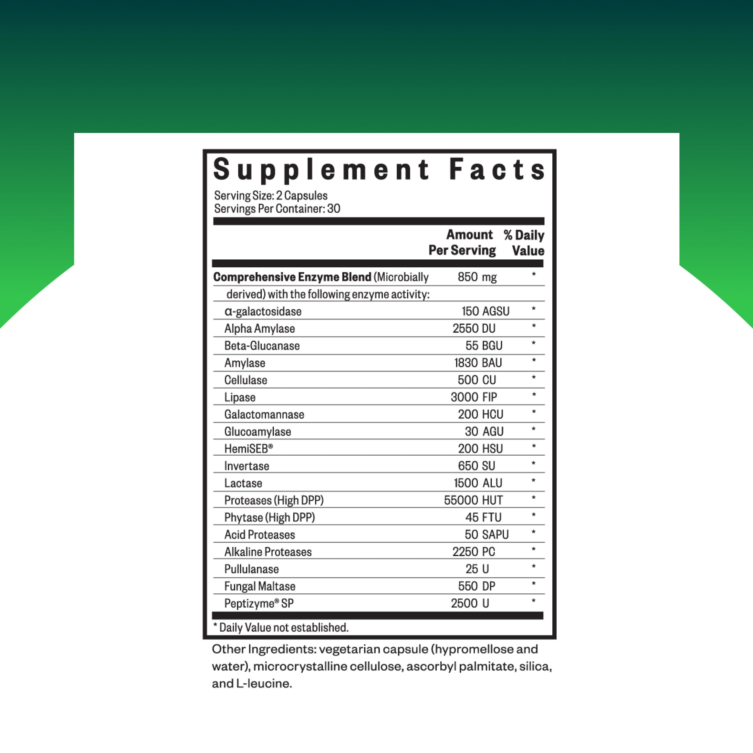 Close-up of Seeking Health Digestive Enzymes label highlighting enzyme blend for post-meal comfort.
