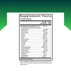 Close-up of Seeking Health Digestive Enzymes label highlighting enzyme blend for post-meal comfort.
