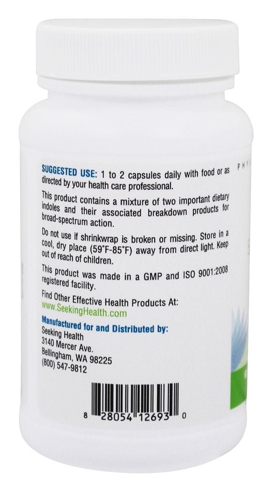 Seeking Health DIM I3C supplement facts panel for allergen-friendly metabolism.