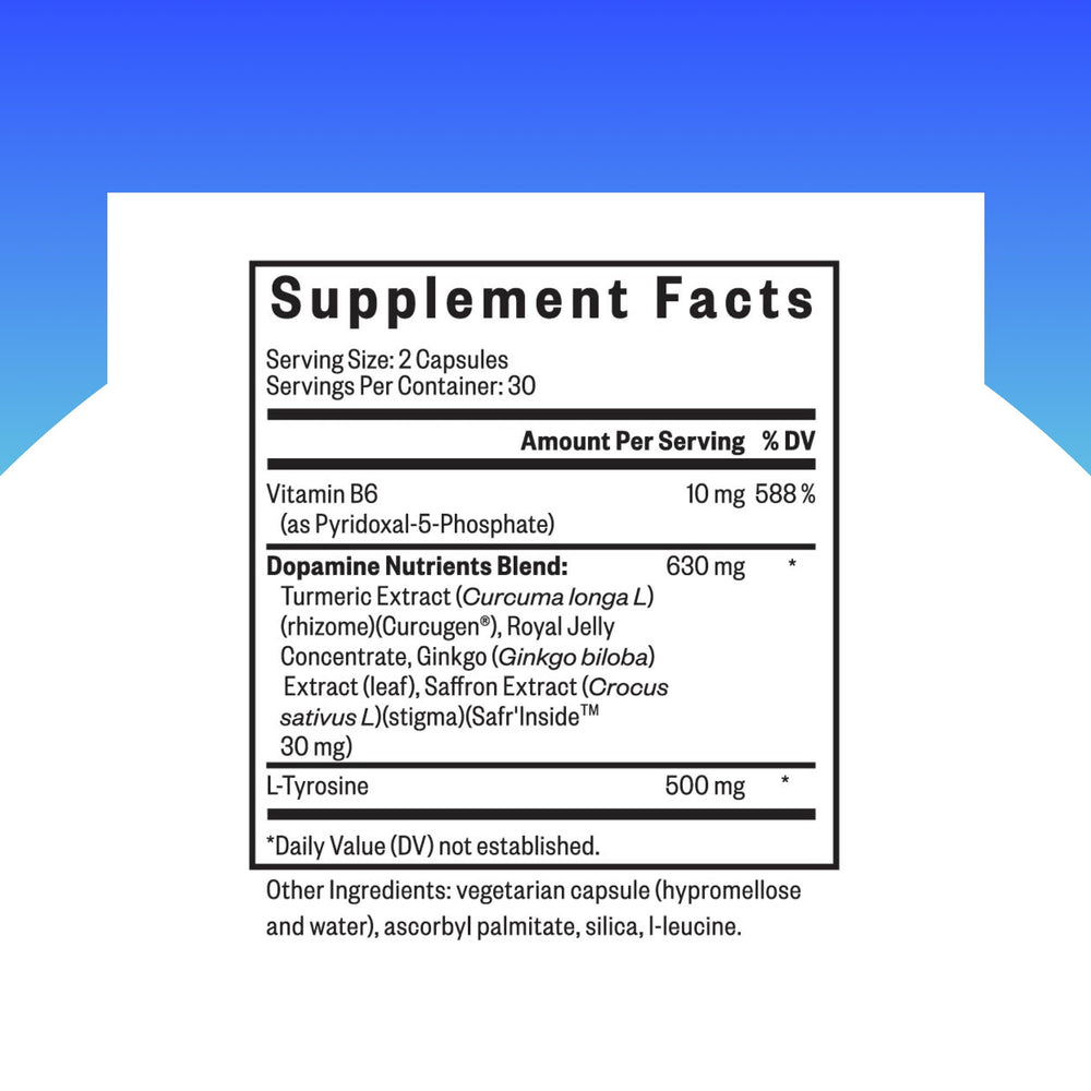 Seeking Health Dopamine Nutrients label close-up showing key ingredients for focus support.
