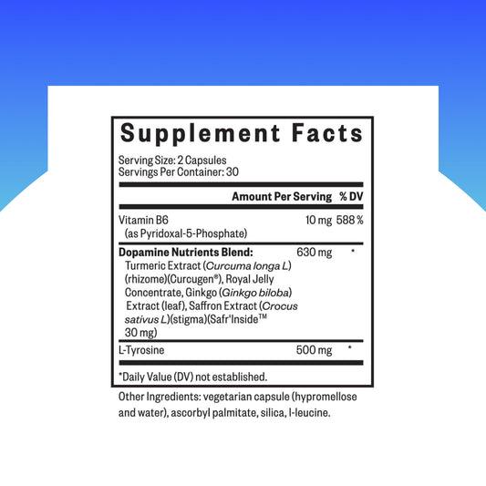 Seeking Health Dopamine Nutrients label close-up showing key ingredients for focus support.