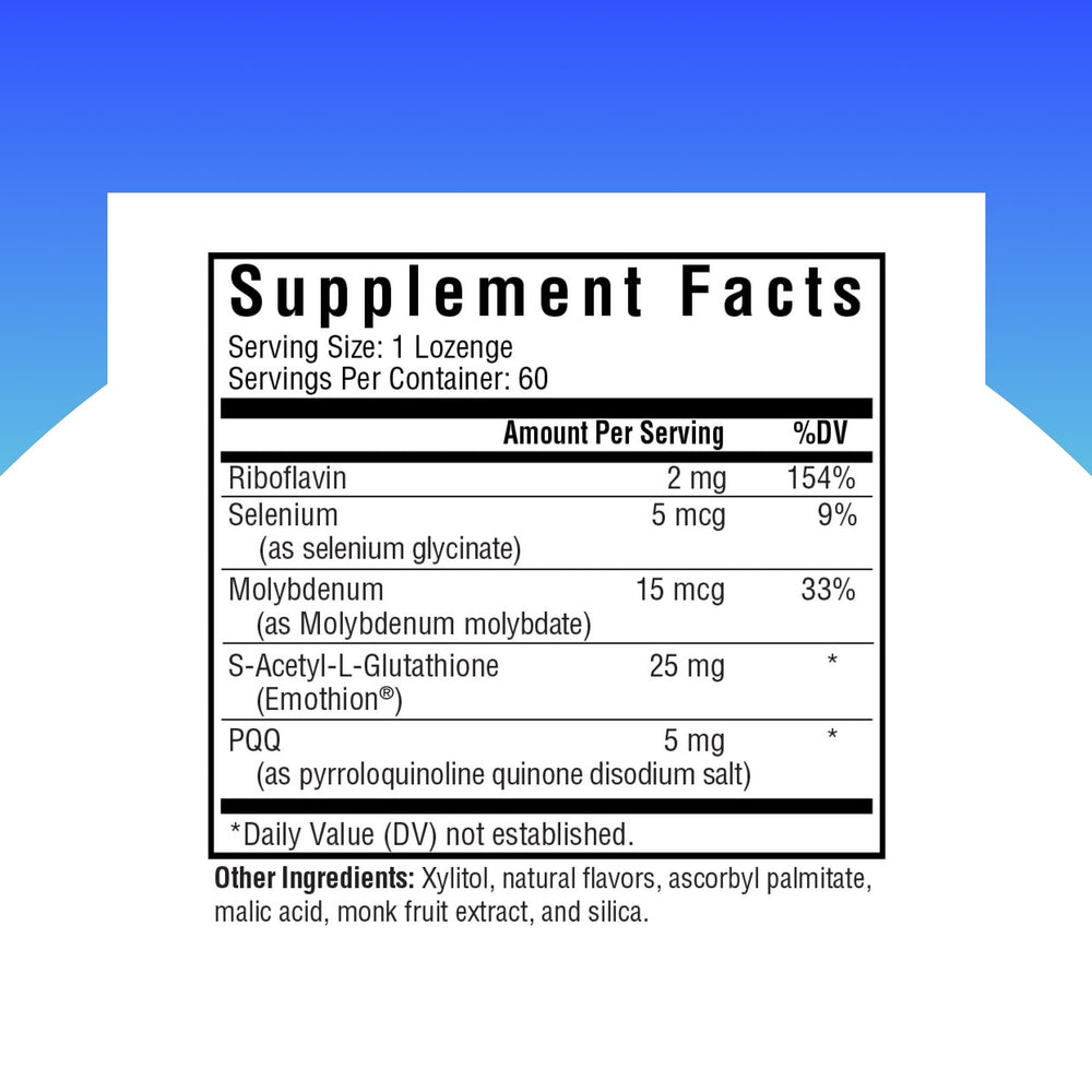 Closeup of Seeking Health Glutathione Plus packaging highlighting cofactors.