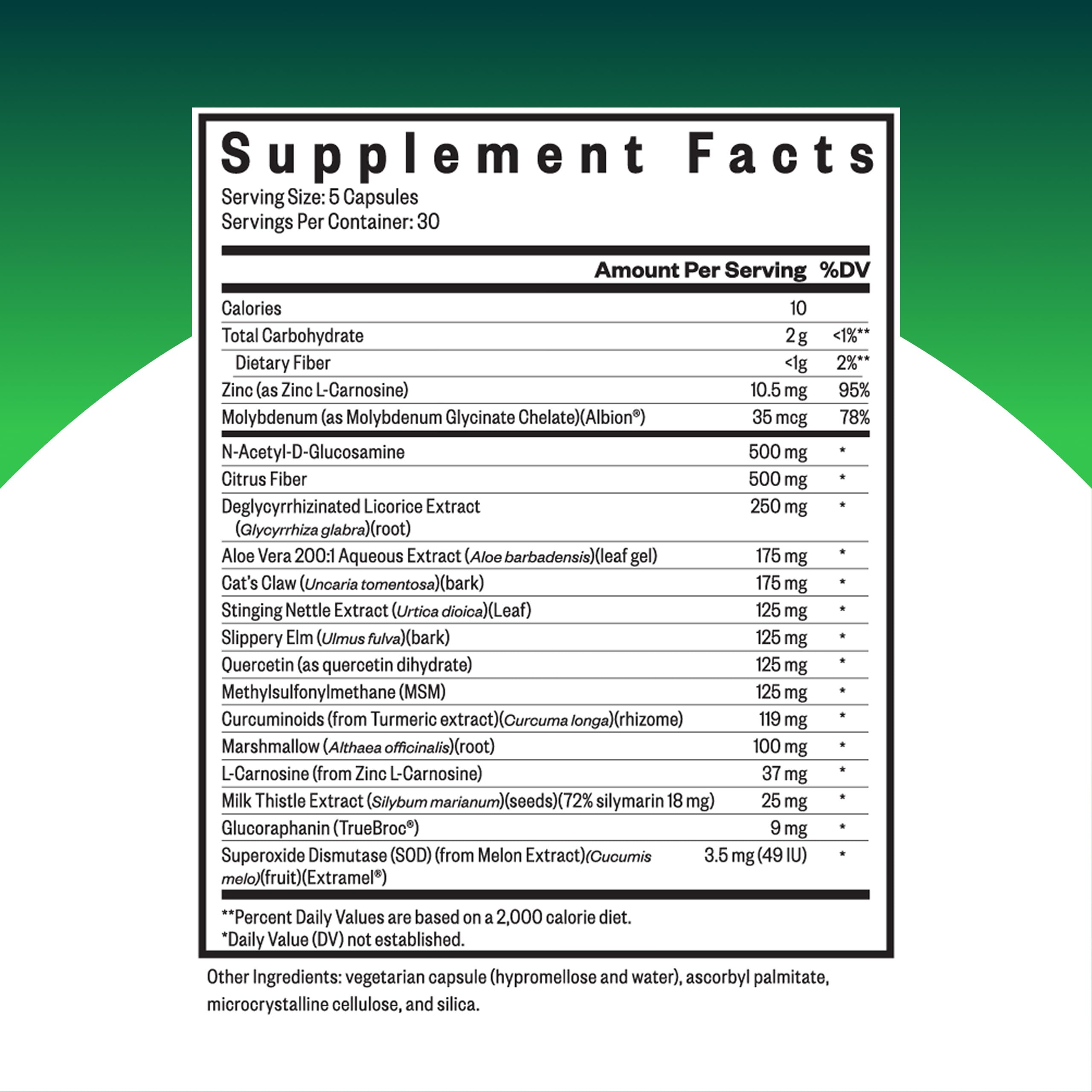 Seeking Health Gut Nutrients bottle side view with vegan formula details for digestion support