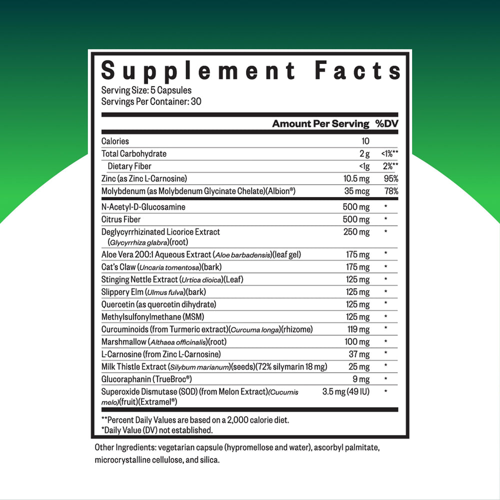 Seeking Health Gut Nutrients bottle side view with vegan formula details for digestion support
