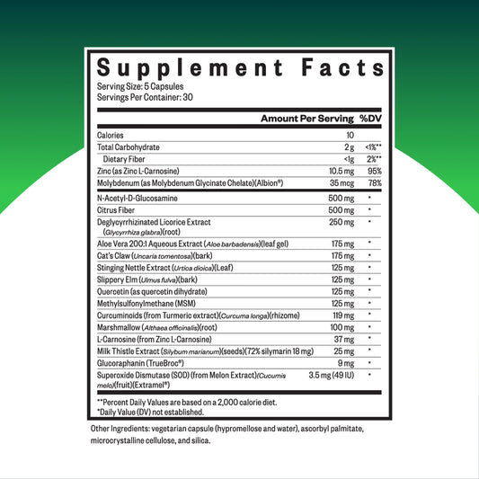 Seeking Health Gut Nutrients bottle side view with vegan formula details for digestion support
