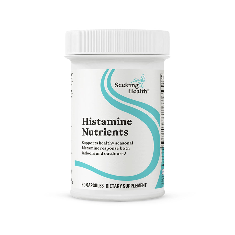 Seeking Health Histamine Nutrients bottle front view highlighting contents for seasonal support.
