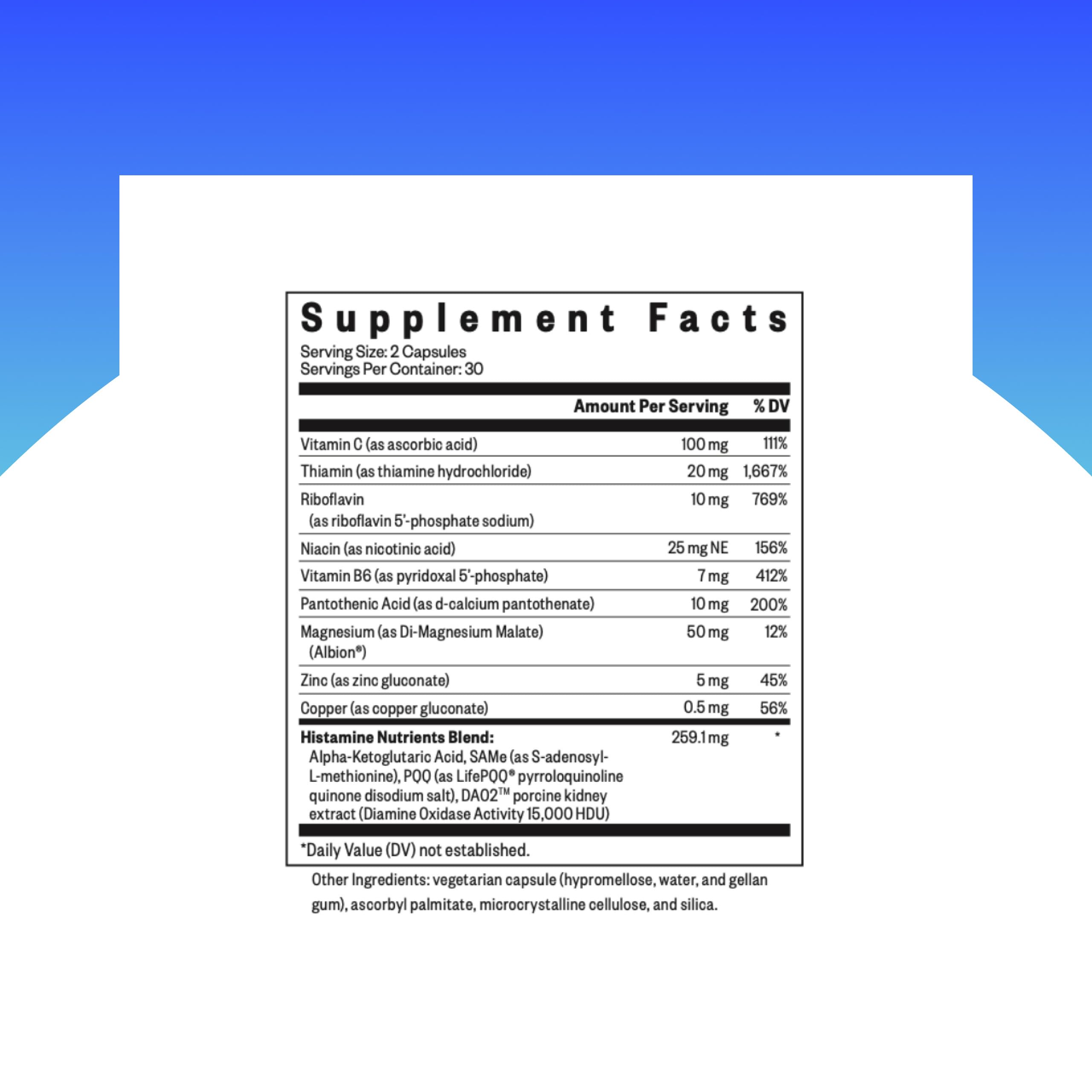 Seeking Health Histamine Nutrients bottle side view for compact travel-friendly packaging.
