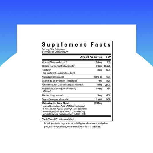 Seeking Health Histamine Nutrients bottle side view for compact travel-friendly packaging.