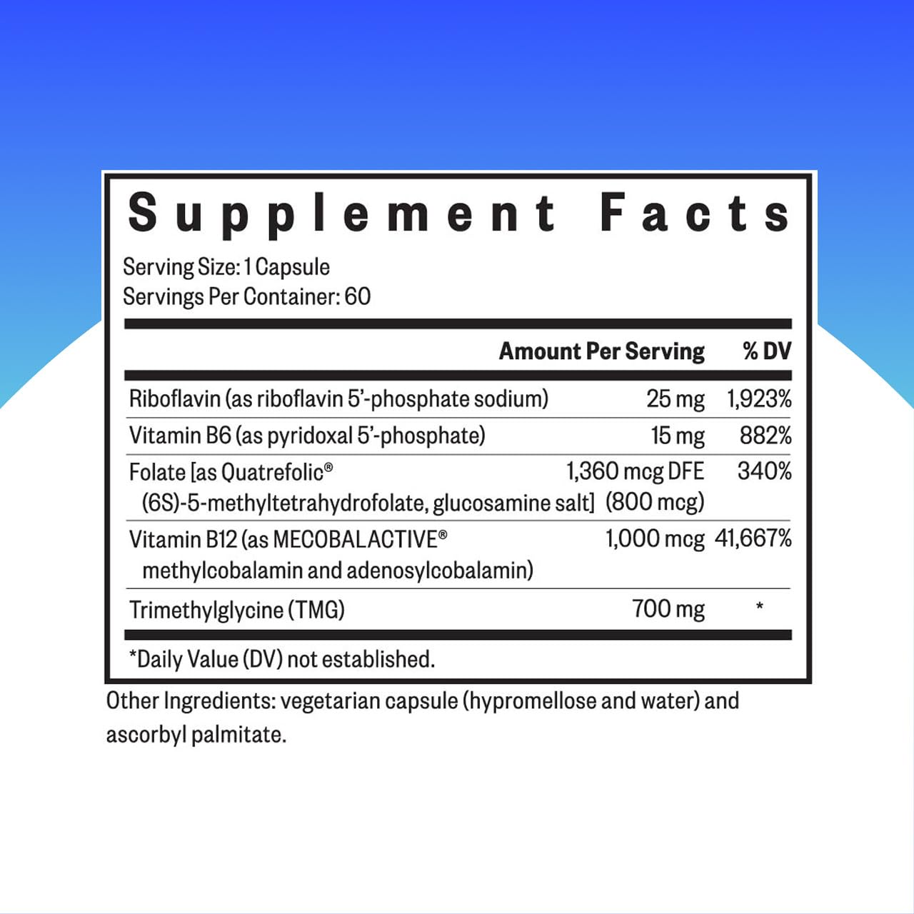 Close-up of Seeking Health Homocysteine Nutrients label for ingredient transparency.