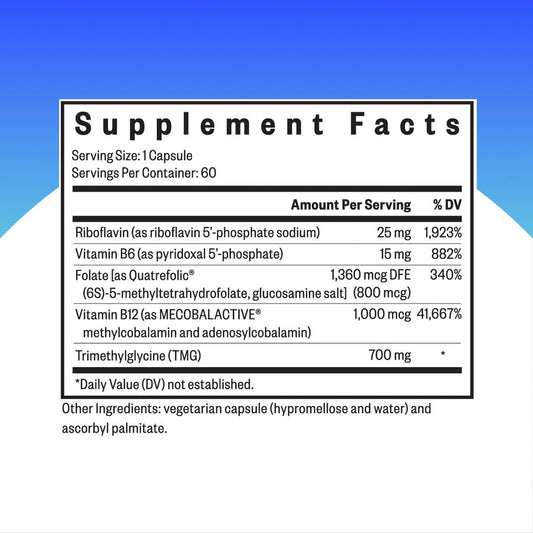 Close-up of Seeking Health Homocysteine Nutrients label for ingredient transparency.