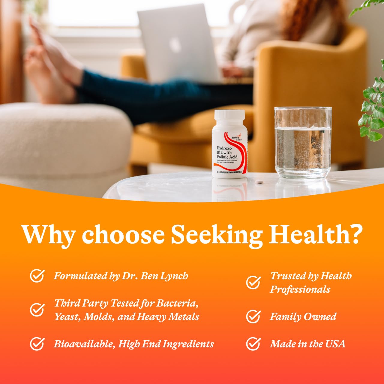 Seeking Health Hydroxo B12 bottle ambient shot conveying allergen-friendly formula