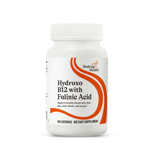 Seeking Health Hydroxo B12 lozenge bottle closeup showing packaging for daily use