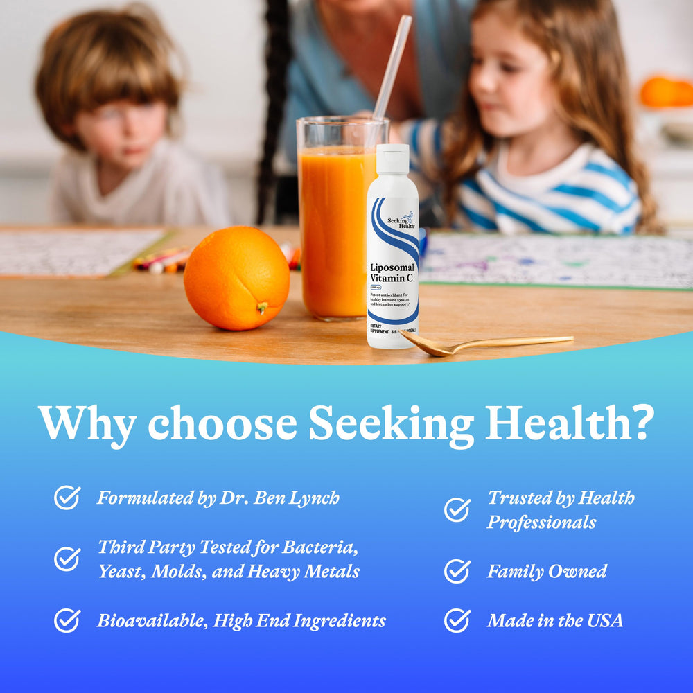 Seeking Health liquid supplement display notes allergen-friendly and potential immune-support uses.